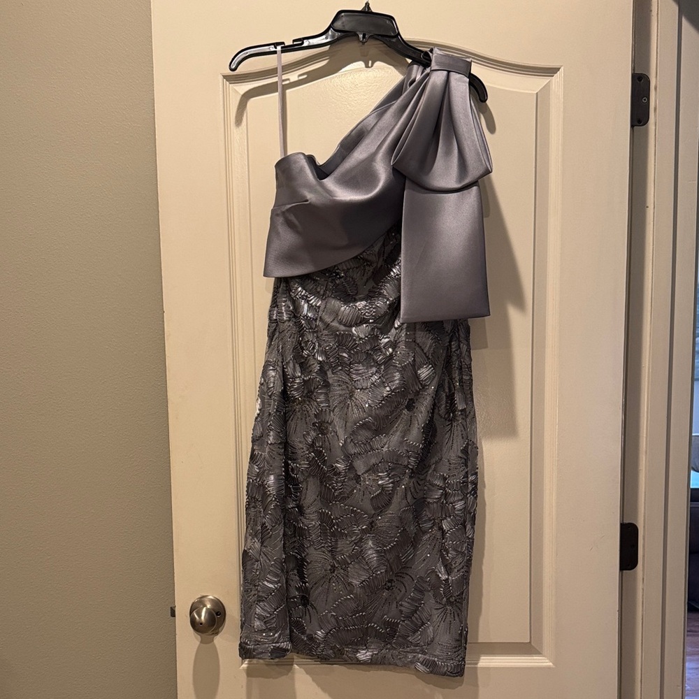 Betsy & Adam Metallic Gray One-Shoulder Dress